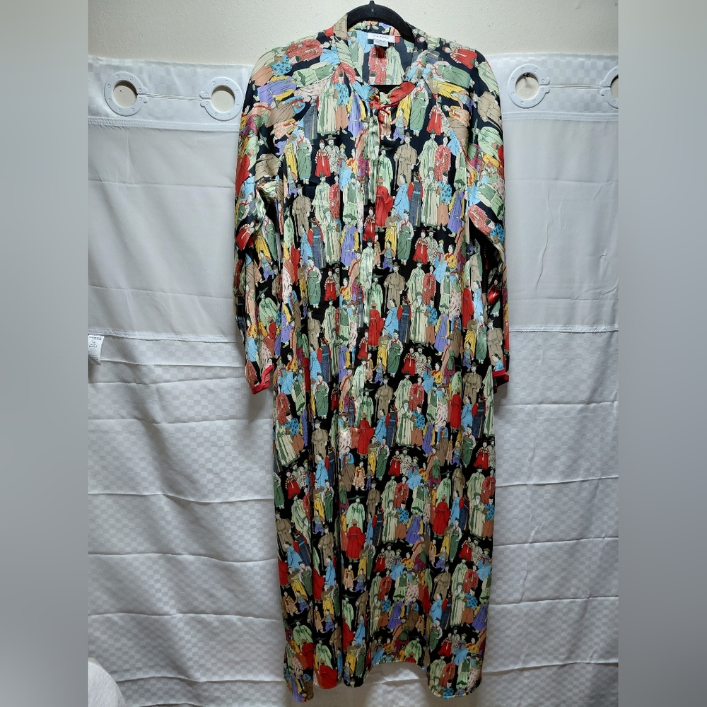 Natori Printed Charmeuse Zip Caftan Dress Women's Size L.